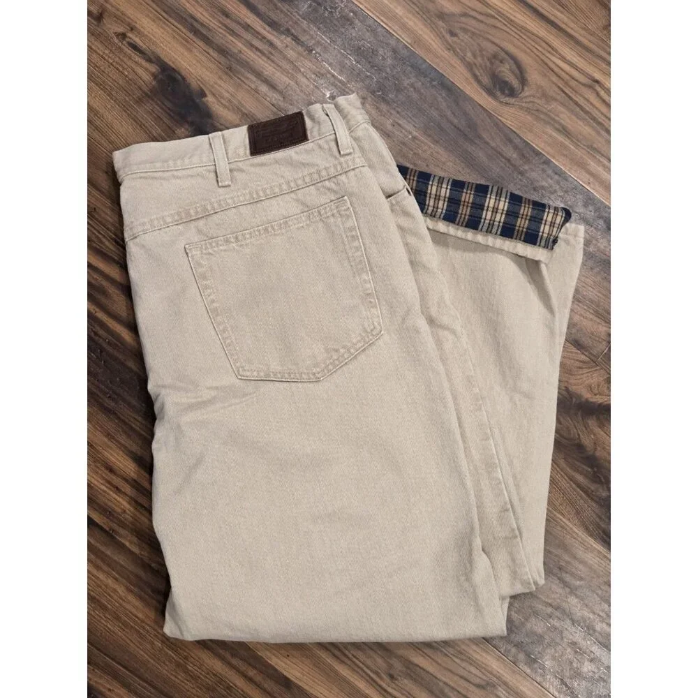 L.L.Bean Tan Flannel Lined Jeans Mens 42x29 Khaki Classic Fit Workwear Outdoor